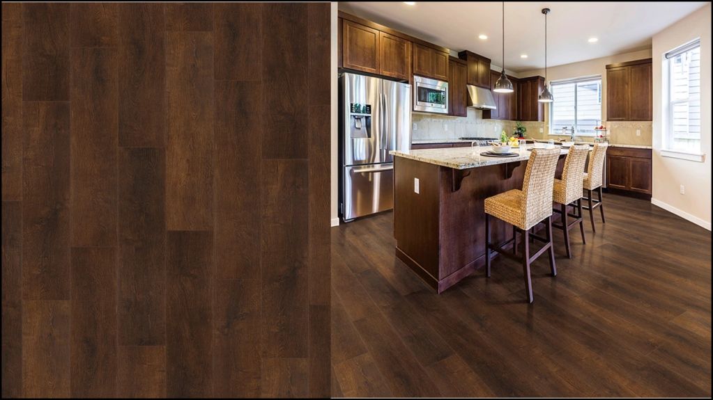 Modern kitchen with dark wood flooring and cabinetry.