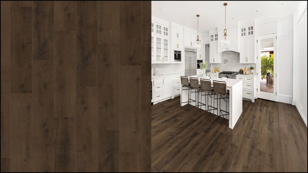 Dark wood flooring in a bright white kitchen.