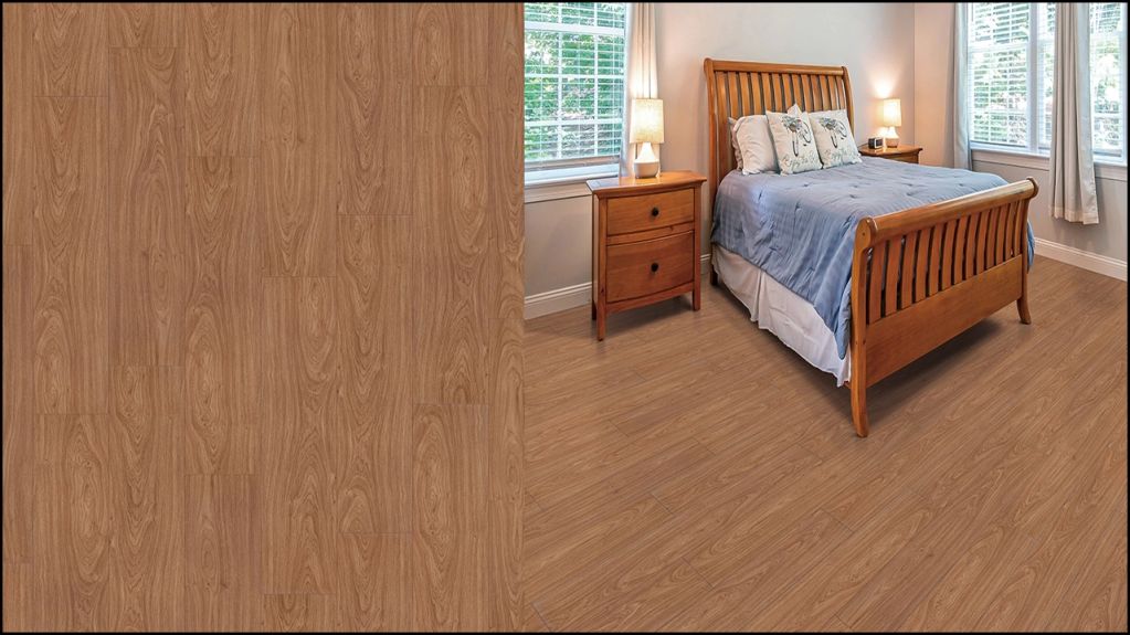 Cozy bedroom with wooden furniture and hardwood floor.