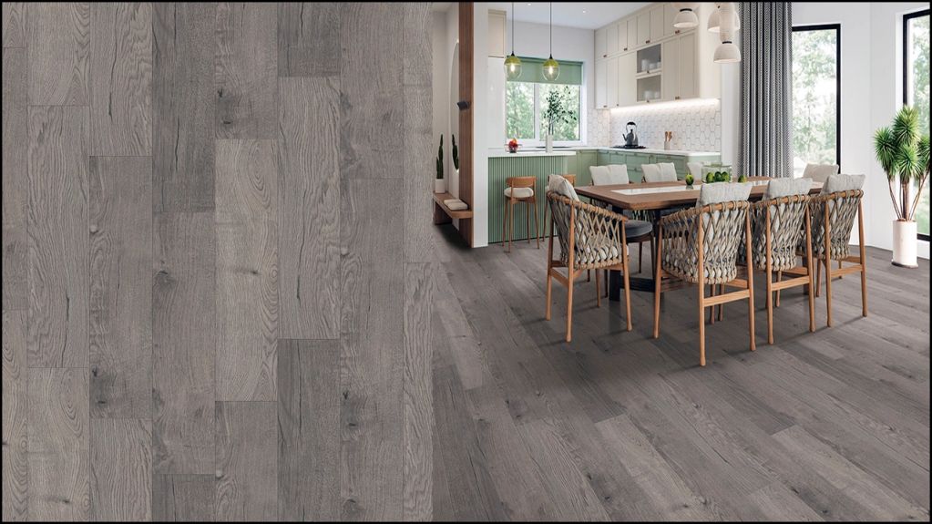 Modern kitchen and dining area with grey wood flooring.