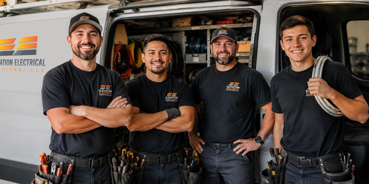 Four electricians posing confidently in front of their work van.