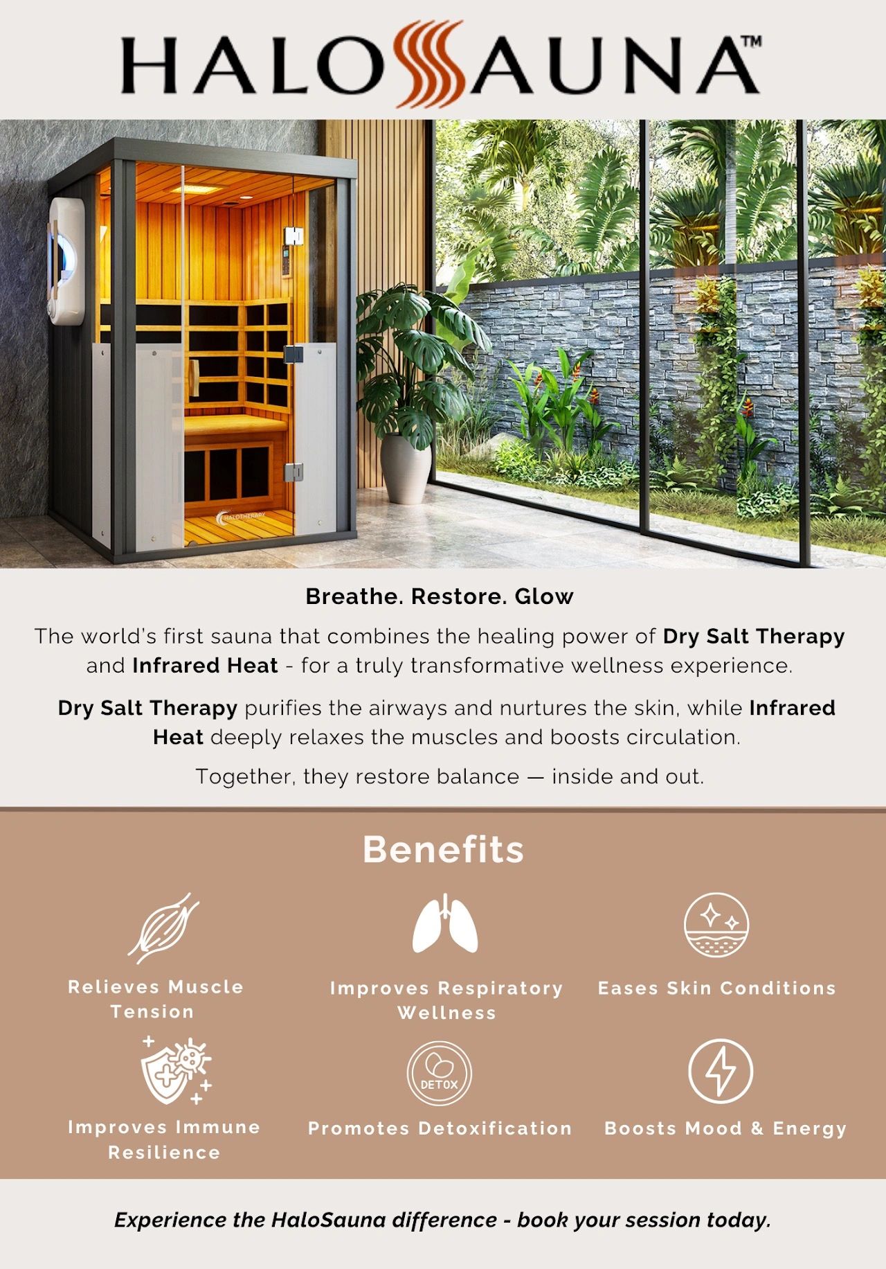 HaloSauna combines Dry Salt Therapy and Infrared Heat for wellness.