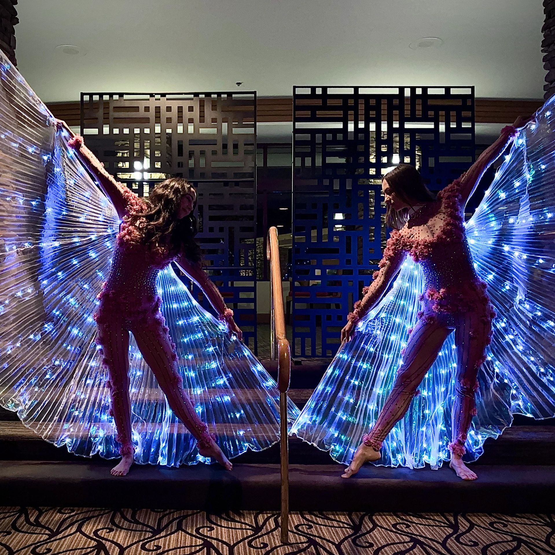 Two dancers with illuminated wings pose gracefully on a stage.