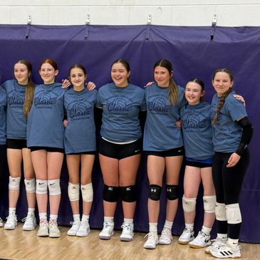 Girls volleyball team posing together in gym.
