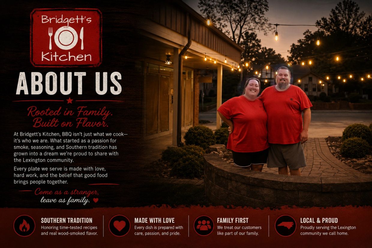 Owners of Bridgett's Kitchen smile outside their restaurant at dusk.