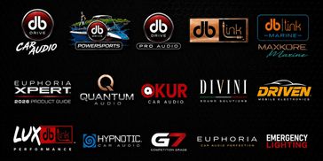 Collection of various car audio and lighting brand logos.