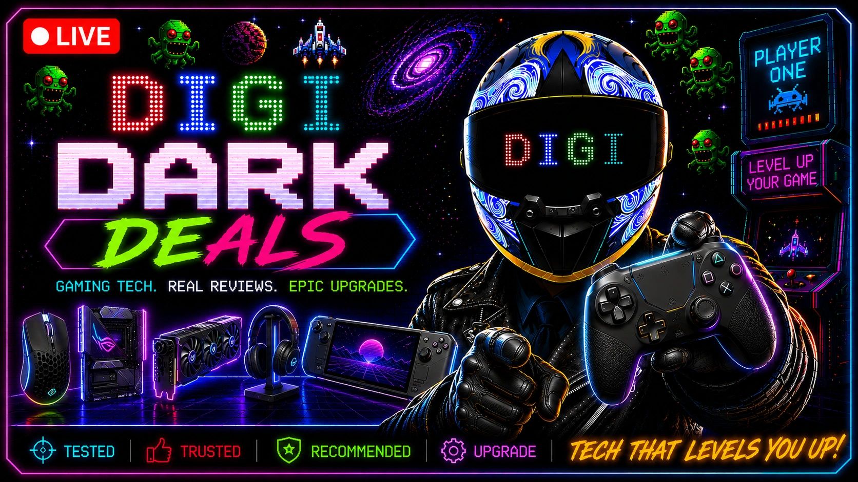 Vibrant gaming-themed digital ad with tech gear and a futuristic helmeted figure.