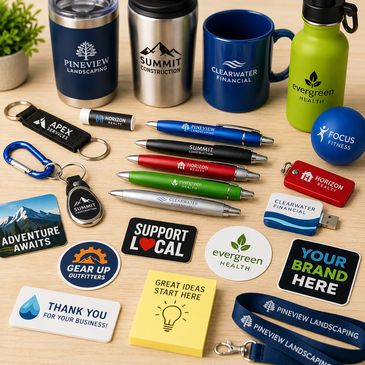 Collection of branded promotional items for various businesses.