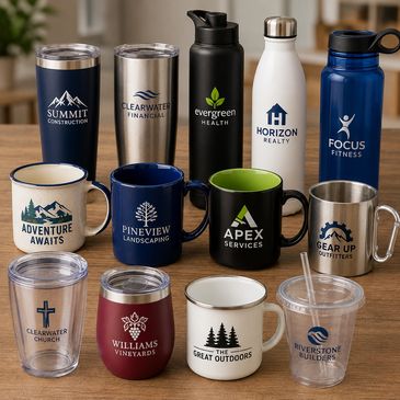 Variety of branded mugs and tumblers on a table.