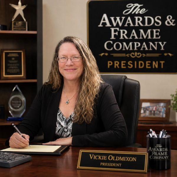 Woman smiling at desk with president nameplate.
