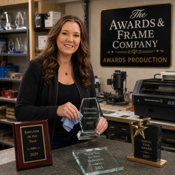 Woman showcasing awards at The Awards & Frame Company.