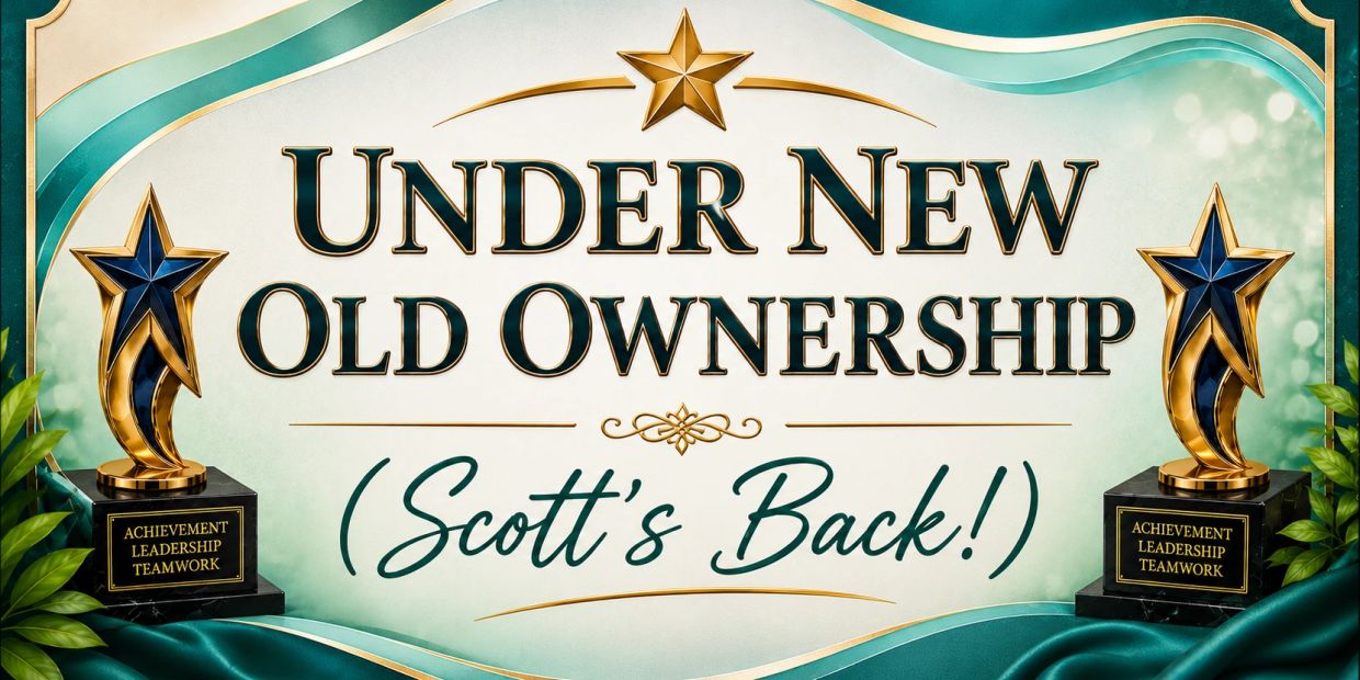 Announcement of new ownership with Scott's return, flanked by achievement trophies.