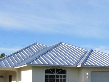 Single-story house with metal roof and lush front garden under clear blue sky.