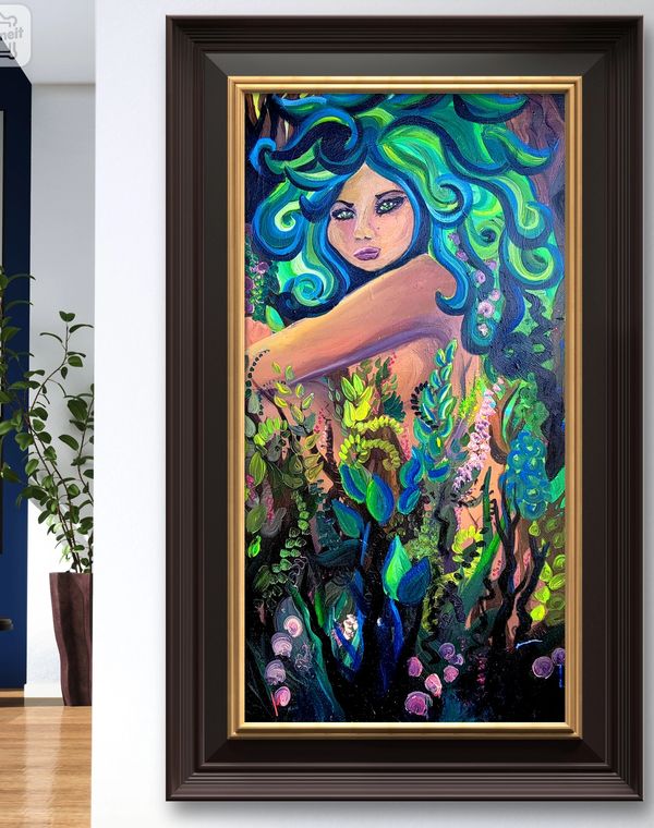 Painting portrait earth woman green flowers wild fearce oil textured eyes forest trees nature nymph