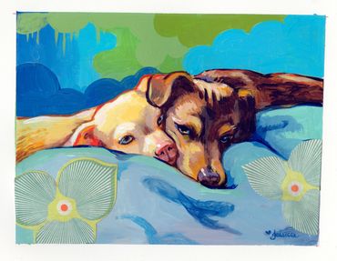 Pet Portraits - Chihuahua and Mixed Breed Dogs sitting together - Painted Portraits