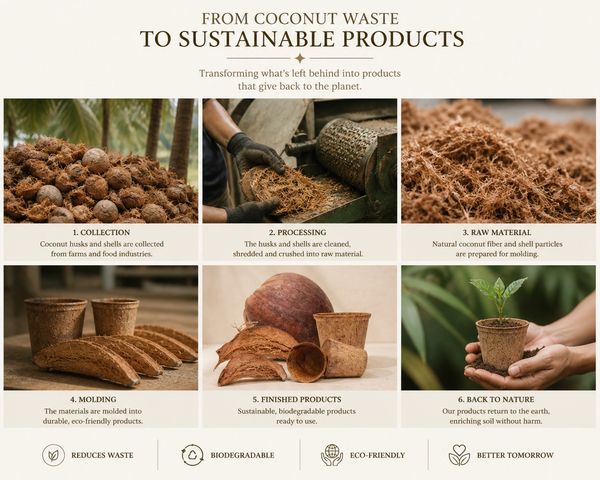 Process from coconut waste to eco-friendly products for a sustainable future.