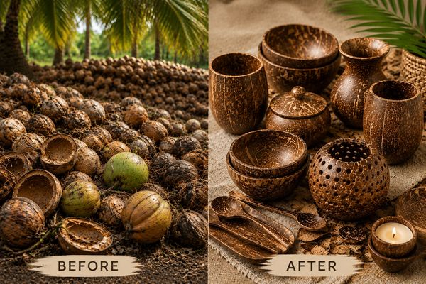 Transformation of raw coconuts into polished coconut shell utensils and decor.