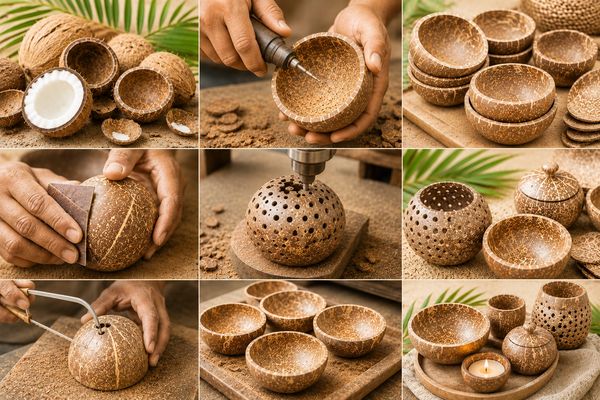 Crafting eco-friendly bowls and candle holders from coconut shells.