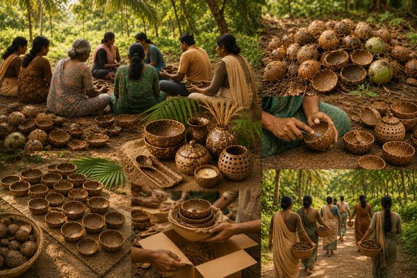 Women crafting and collecting natural coconut shell bowls and decorative items in a forest setting.