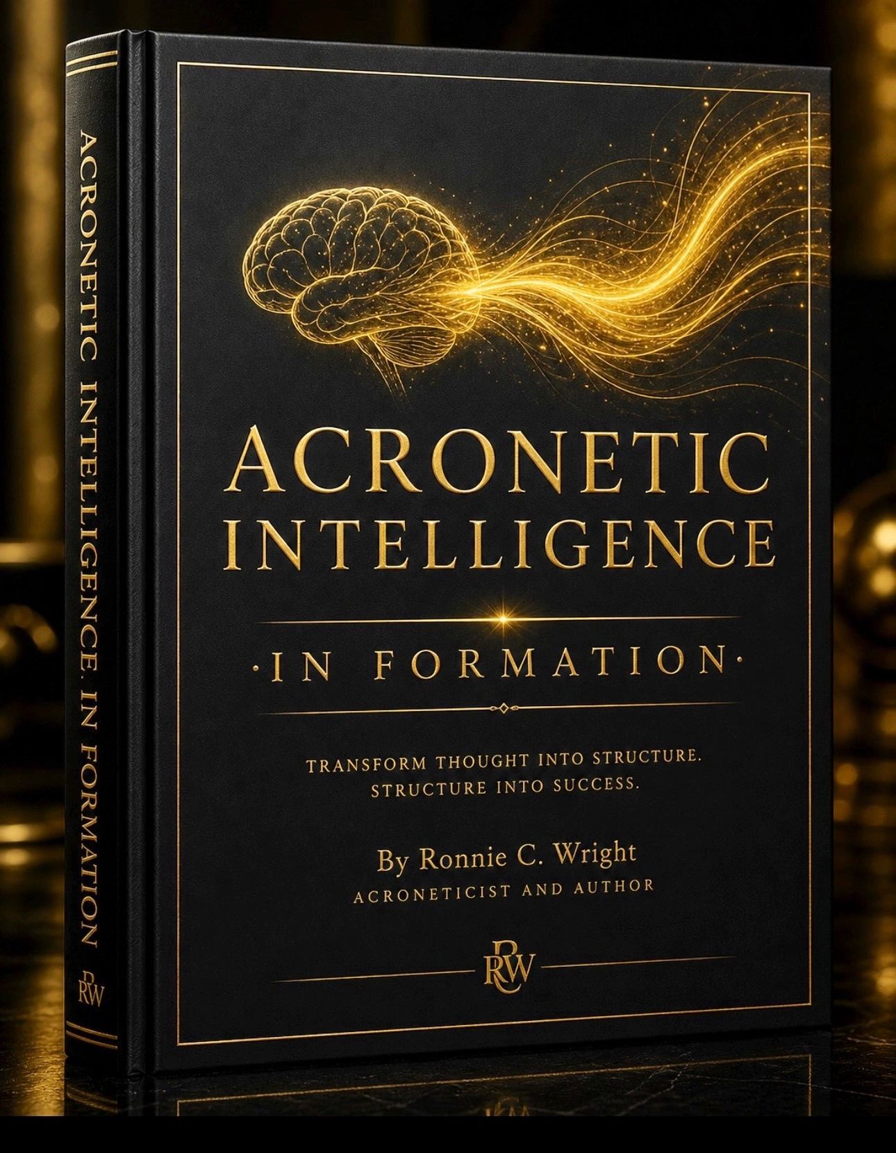 Elegant black and gold book titled 'Acronetic Intelligence In Formation' by Ronnie C. Wright.
