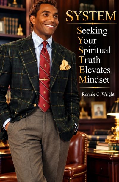 Well-dressed man stands confidently in a library with an inspirational quote.