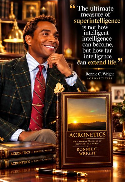 Man promoting a book titled 'Acronetics' by Ronnie C. Wright with a quote on intelligence.