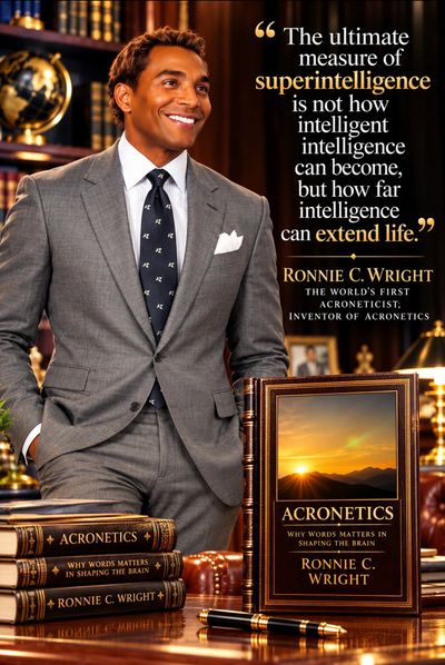 Man in suit with quote about superintelligence by Ronnie C. Wright.