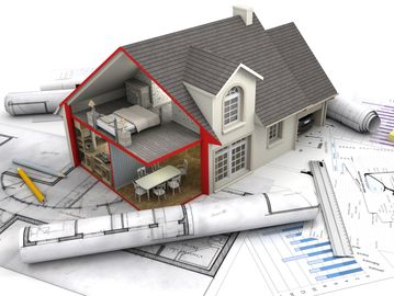 3D cutaway house model on architectural blueprints with design tools.