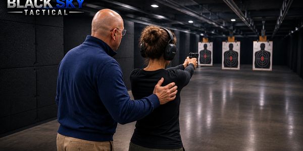 Instructor guiding a woman at an indoor shooting range aiming at targets.