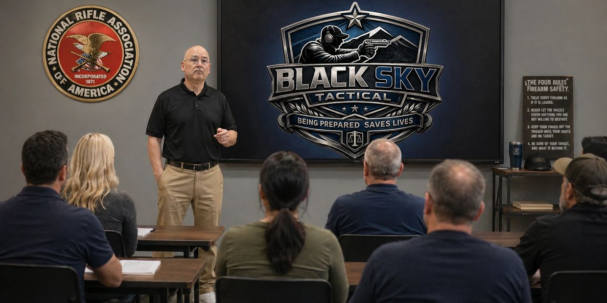 Instructor teaching firearm safety to a group in a classroom with NRA and Black Sky Tactical logos.