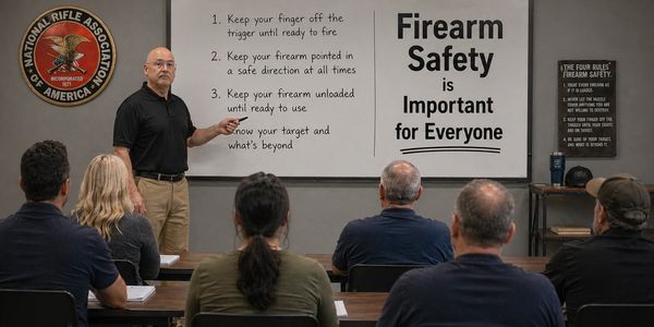 Instructor teaches firearm safety to a group in a classroom setting.