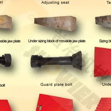 Labeled mechanical parts including toggle gasket, tension rod, and jaw plate components.