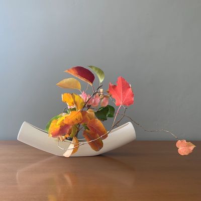 Ikebana in a white long vase with red, orange and green autumn leaves