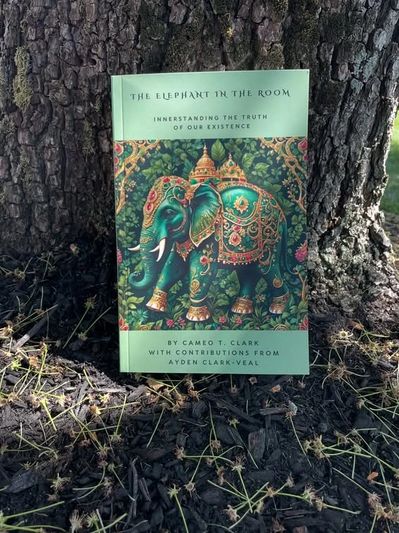 Book titled 'The Elephant in the Room' with an ornate elephant illustration, placed against a tree trunk.