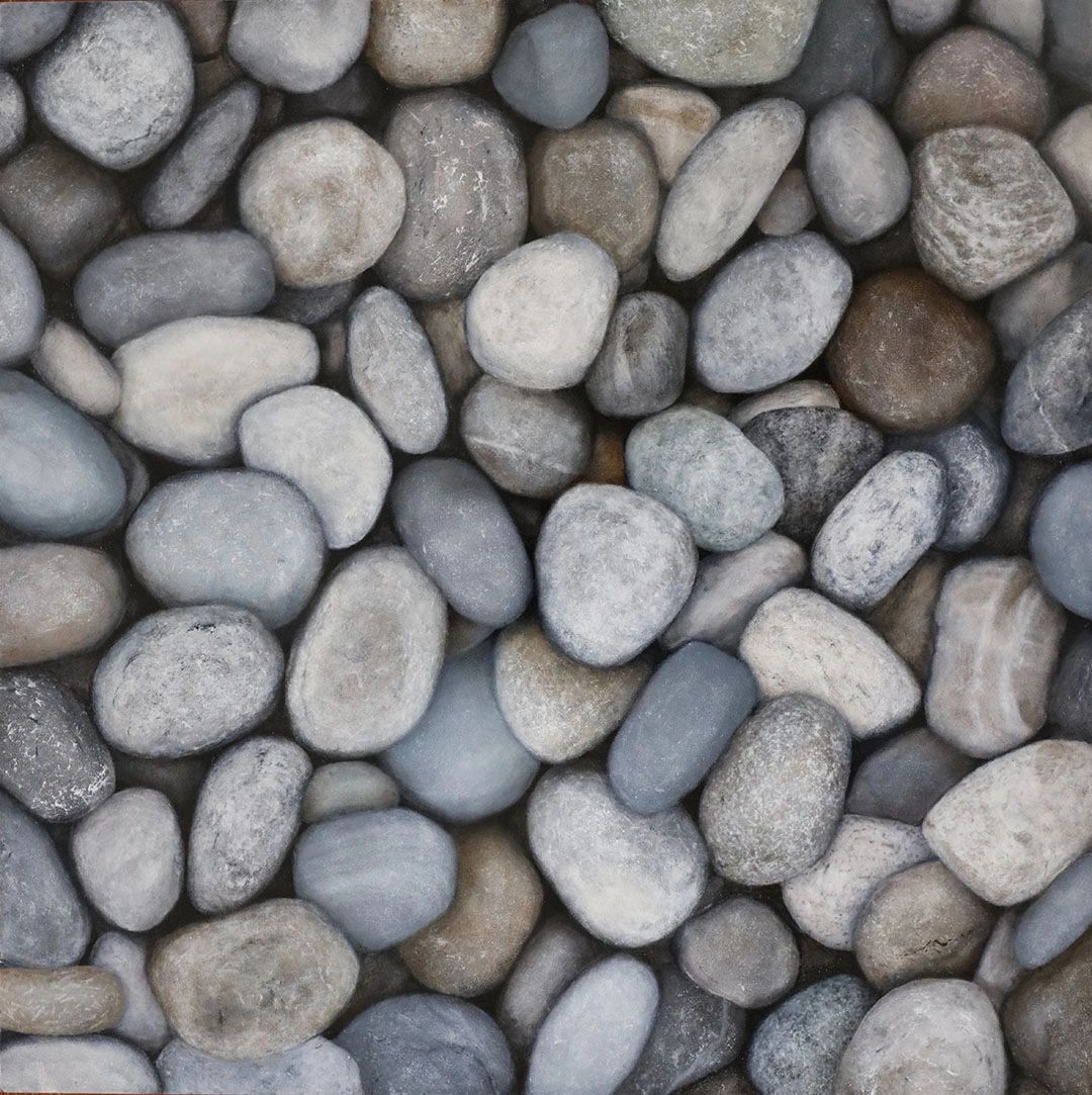 Looking down at smooth beach stones in a range of grays and browns