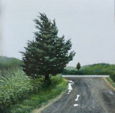 Painting of two cedar trees, one at a distance, on an overcast day, with marsh grasses and dirt road