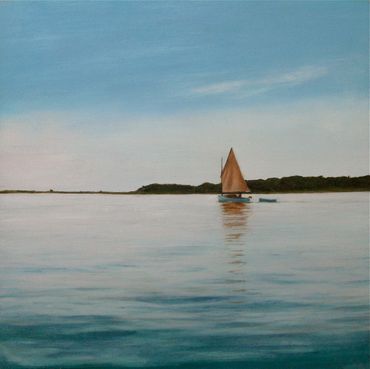 Painting of a small sailboat on a calm day, the water reflects the white and blue sky