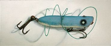 Painting of an old blue lure wrapped with blue line, rusted hooks on white ground