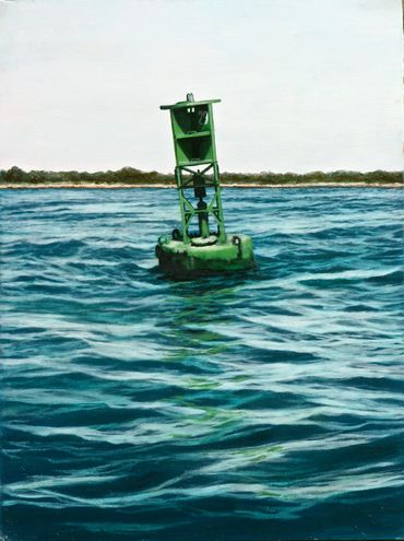 Painting of green channel marker on blue water with trees and land at horizon