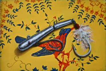 Painting of old silver lure with feathers, on an old wallpaper with a red bird and decorative leaves