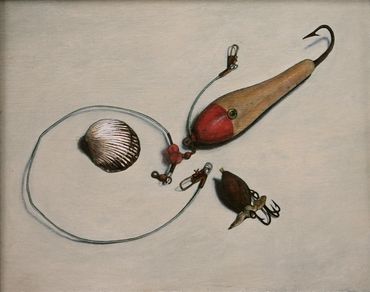 Painting of two lures and a shell with some line on an off white ground