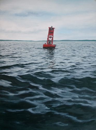 Painting of red bell buoy on overcast day, water is dark blue green in foreground