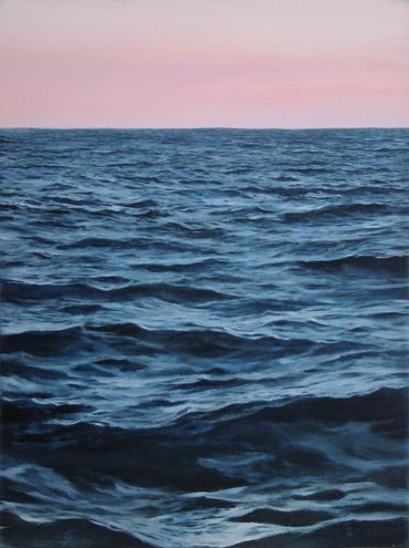 Painting of pink sky after the sun has set, reflected in the water
