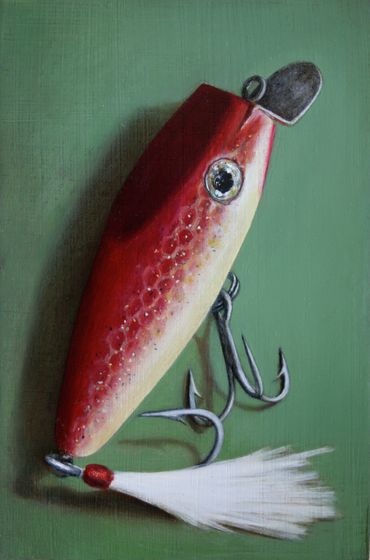 Painting of red and white fishing lure on a green ground