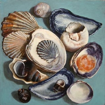 Painting of scallop, quahog, mussel, and periwinkle shells on a blue ground