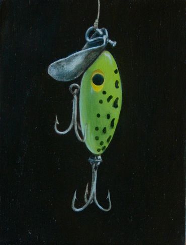 Painting of a small green frog lure against a dark background