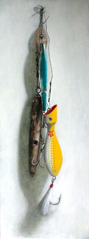 Painting of three fishing lures hanging from a nail on a white ground