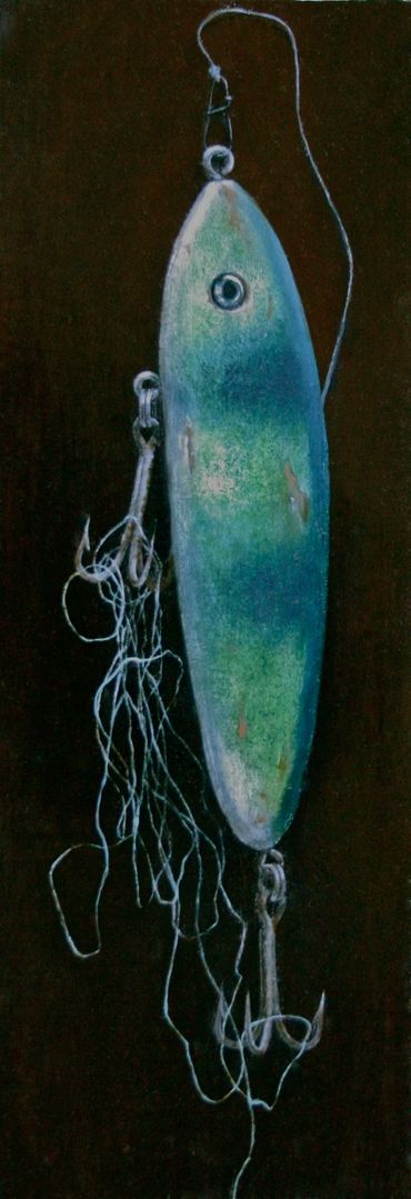 Painting of an old wooden green and blue lure with a tangle of line hanging on a dark background