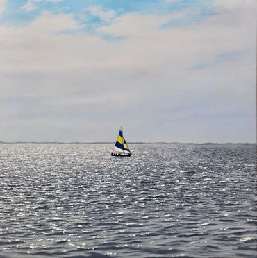 painting of sailboat in the distance with sun reflecting on water