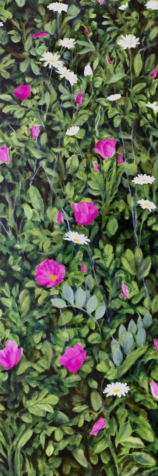 Vertical painting of beach roses and daisies at twilight, the pink and white flowers and foliage